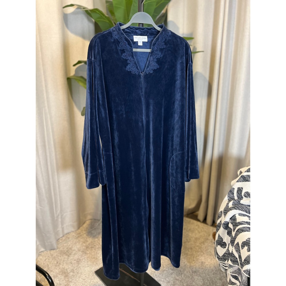 Miss Elaine Woman Navy Blue Velour Zip Front Robe Lace Trim Long Lounger 2X